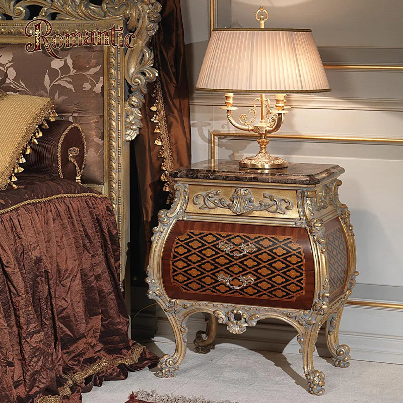 French Classical Style Solid Wood Bedroom Furniture Set with Antique Gold Leaf Decoration and Luxurious Antique Bed - Kimlud