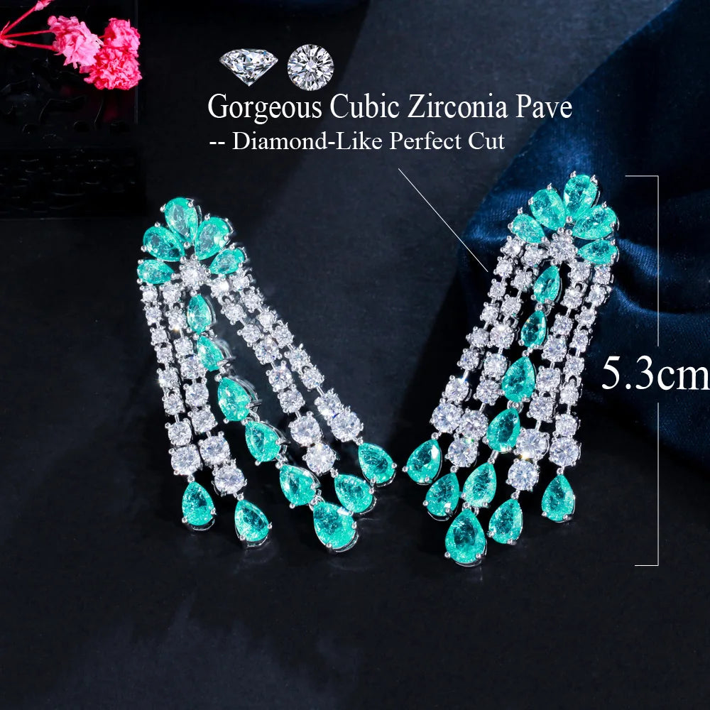 CWWZircons Chic Long Dangle Drop Tassel Light Green Cubic Zirconia Earrings for Women Wedding Banquet Bridal Party Jewelry CZ012