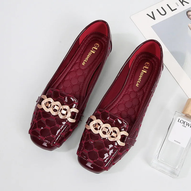 Women's Flat Shoes Spring Autumn New Square Toe Chain Comfortable Casual Square Toe Slip-On Female Shoes Large Size 36-42