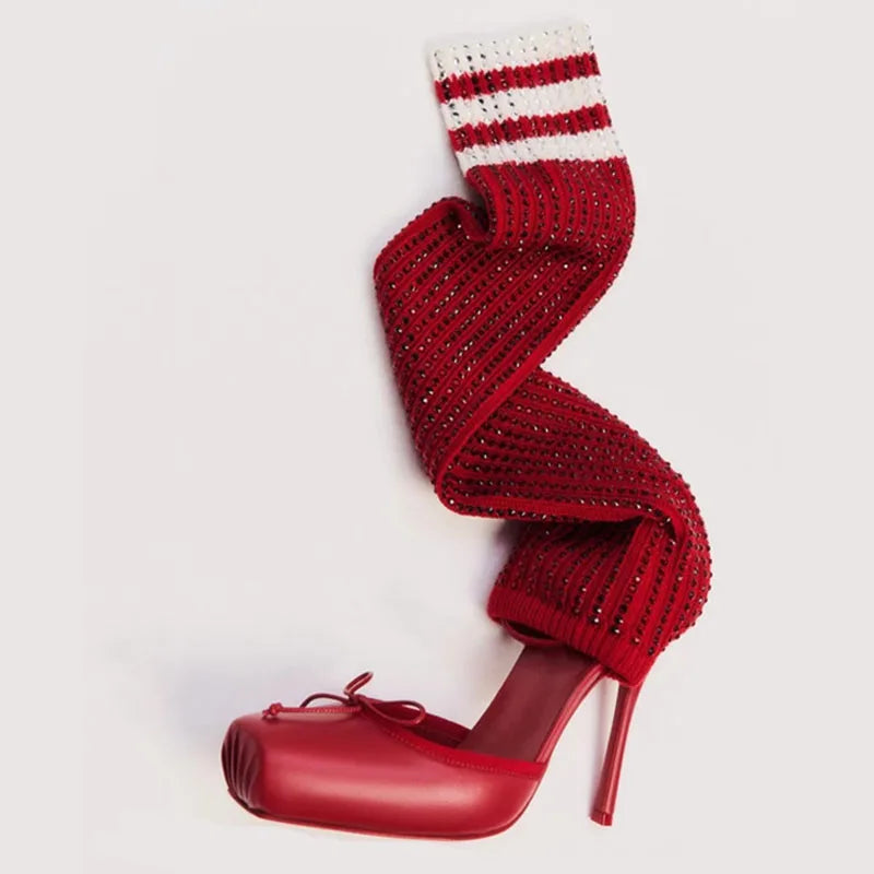 Diamonds Knitting Upper Summer High Heels Shoes Front Bow Square Toe Knee High Boots Pleated Stretchy Cut Out Socks Sandals