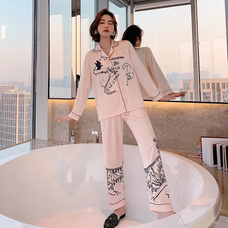 QSROCIO Women's Pajamas Set Luxury Style Fashion Natural Animal Graffiti Sleepwear Silk Like Leisure Home Clothes...