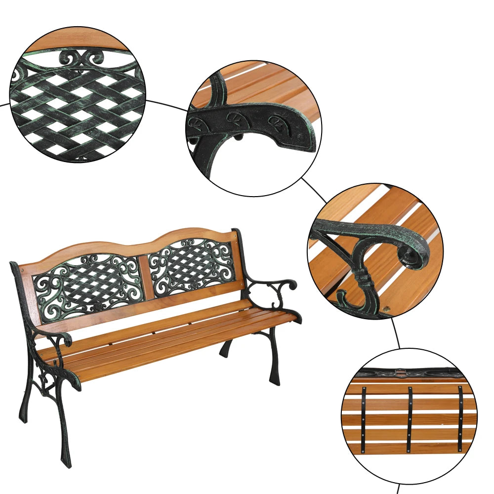 Modern 49" Outdoor Patio Park Garden Bench Furniture with Hardwood Slats and Cast Iron Frame