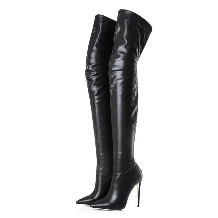 Botas Dama Roman Style Black Leather Women Fall Over the Knee Stiletto Heel Thigh High Boots for Ladies