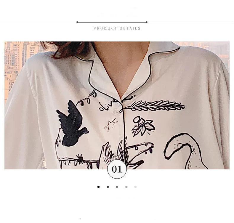 QSROCIO Women's Pajamas Set Luxury Style Fashion Natural Animal Graffiti Sleepwear Silk Like Leisure Home Clothes...