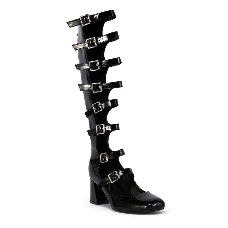 Summer Belt Buckles Women Knee High Boots Chunky Heels Patent Long Booties Sexy Square Toe Back Zipper Sandals Shoes