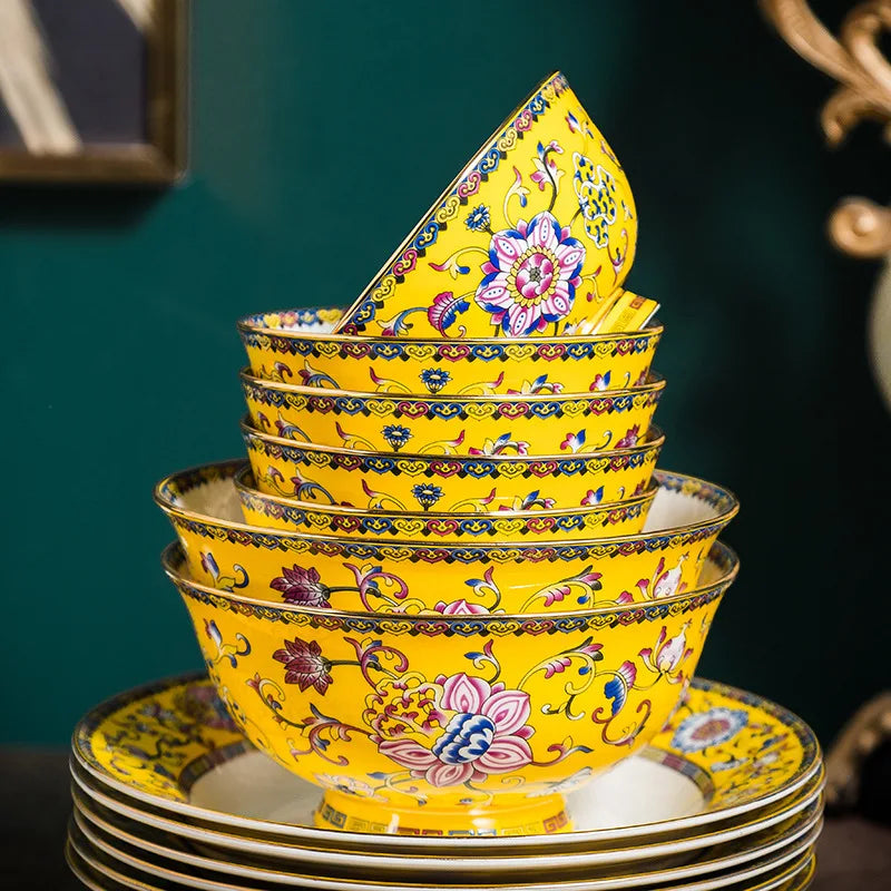 70 Pcs High-End Bone China Tableware Set Enamel Color Bowl Chopstick Plate Bowls for Household Perfect Dinnerware Gift - Kimlud