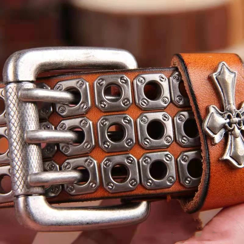 Studded Heavy Metal Style Belt Handmade Leather Pank Rock Style Men's Belt Cowhide Retro Tactical belt Jeans Belt - Kimlud