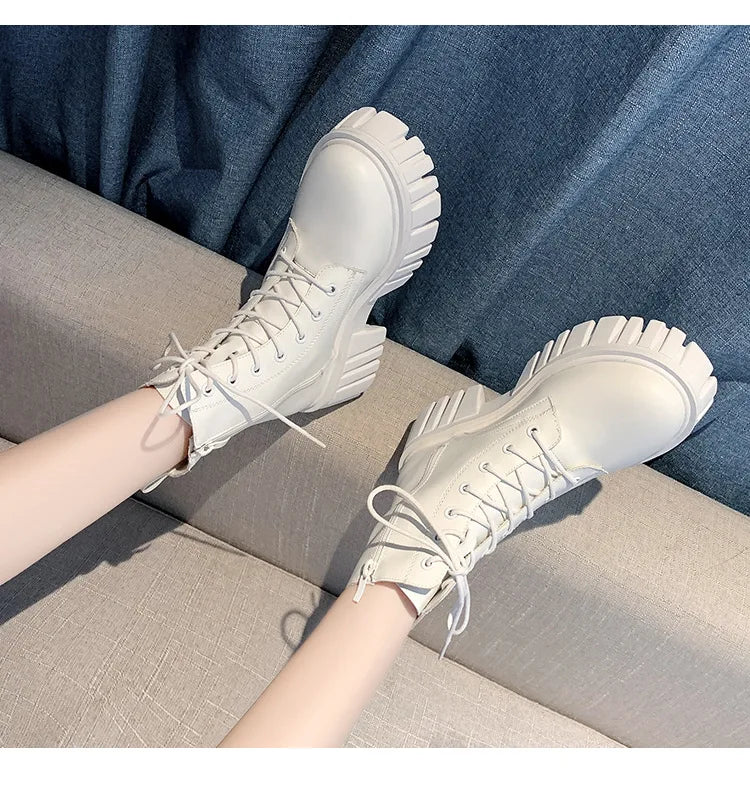 2022 New Women White Ankle Boots PU Leather Thick Sole Lace Up Combat Booties Female Autumn Winter Platform Shoes Woman