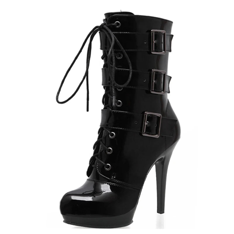 New 13 cm Thin Heel Black European and American Versatile Thin Heel Sexy Fetish Round Head Fashion Large Size Pole Dance Exotic