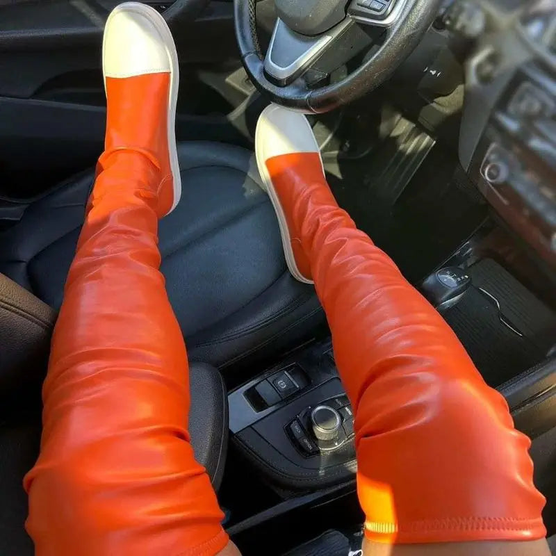 Green/Orange 2025 Botas Largas Leather Over Knee High Flat Boots for Women