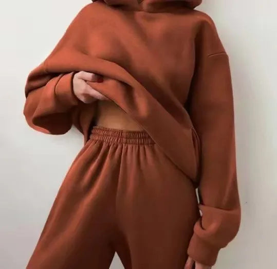 Women's Tracksuit Casual Solid Long Sleeve Hooded Sport Suits Autumn Warm Hoodie Sweatshirts and Long Pant Fleece Two Piece Sets - Kimlud