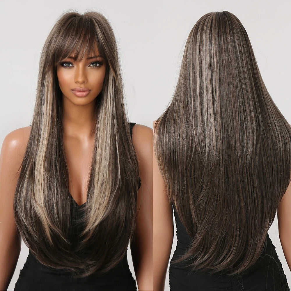 Factory Outlet MOQ 1Long Layered Brown Synthetic Wigs for Women Straight Blonde Mixed Bangs Wigs Use Heat Resistant Fiber