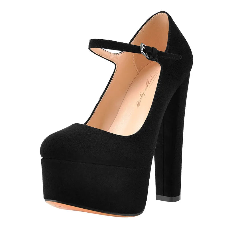 Onlymaker Women Mary Jane Platform Pumps Ankle Strap Thick Round Heel High Heels Dress Buckle Large Size Brand Shoes