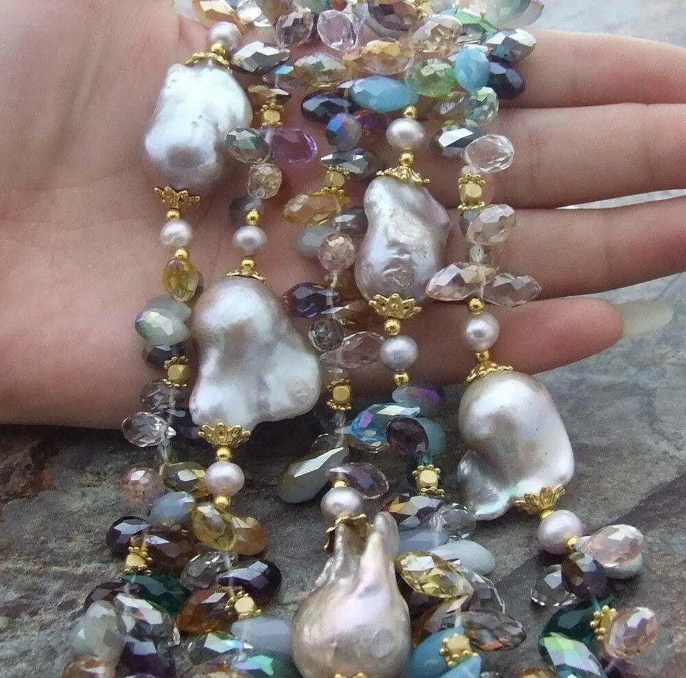YYGEM 49'' 25MM Purple Nucleated Flameball Baroque Pearl top-Drilled Multi Color Teardrop Crystal long Necklace | Kimlud...