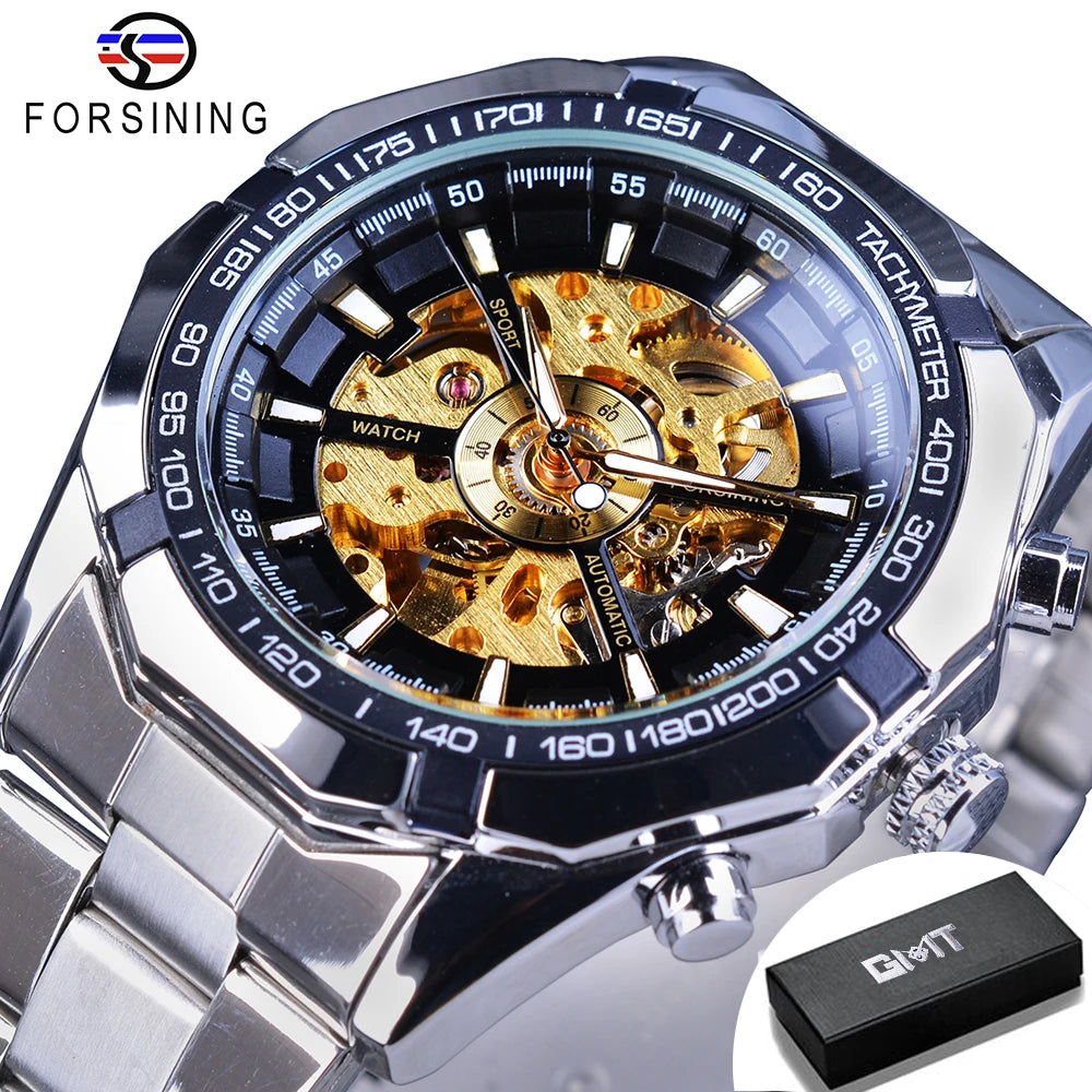 Forsining 2025 Stainless Steel Waterproof Mens Skeleton Watches Top Brand Luxury Transparent Mechanical Sport Male Wrist Watches