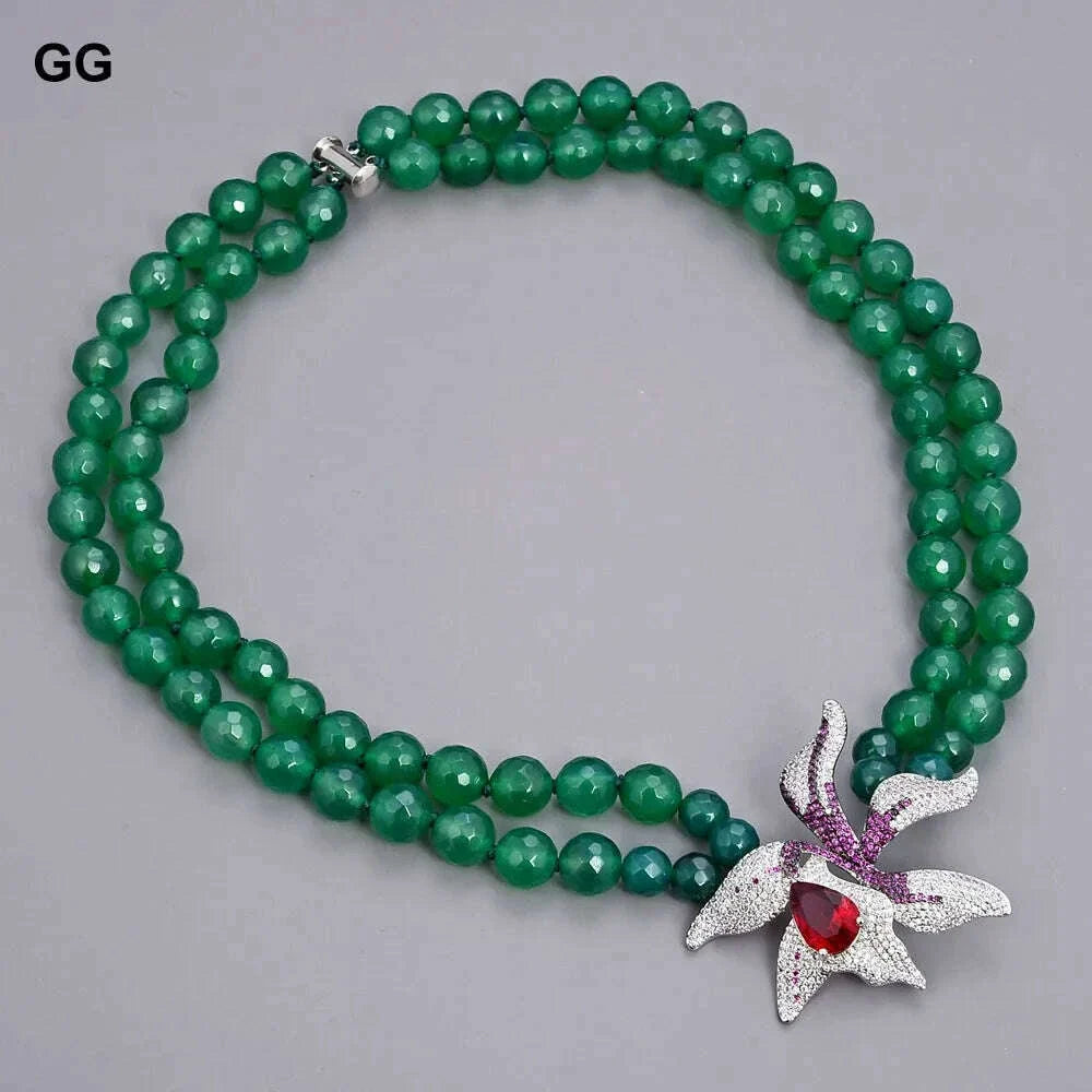GuaiGuai Jewelry 18"-19'' 2 Rows Green Round Agates Necklace Red Crystal CZ Flower Pendant For Women
