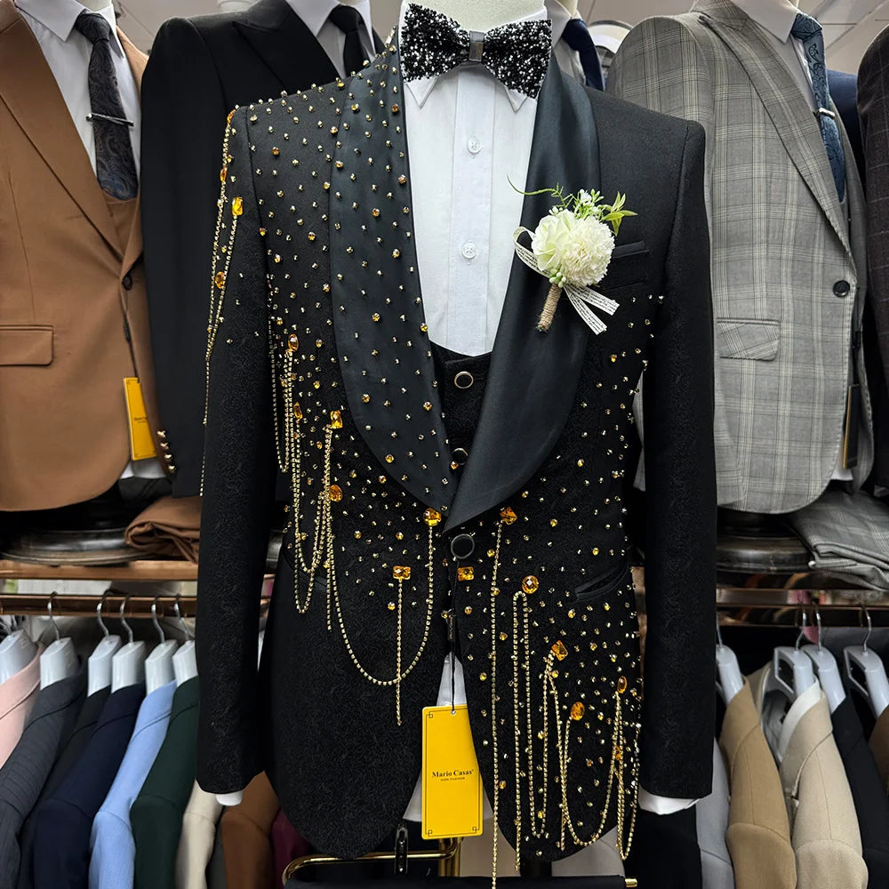 Handmade Rhinestone Beaded Men 3 Piece Suits Luxury Wedding Groom Wear Slim Fit Single Breasted Tuxedo Jacket Vest Pants Set - Kimlud