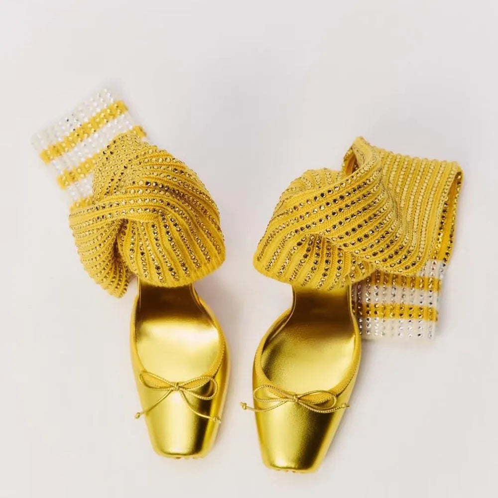 Diamonds Knitting Upper Summer High Heels Shoes Front Bow Square Toe Knee High Boots Pleated Stretchy Cut Out Socks Sandals