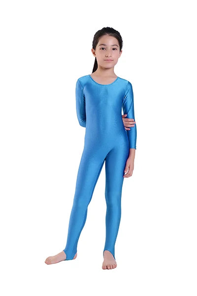 AOYLISEY Girls Dance Gymnastics Long Sleeve Unitard for Kids Jumpsuits Stirrup Show Stage Wear Zentai Childrens Unitards
