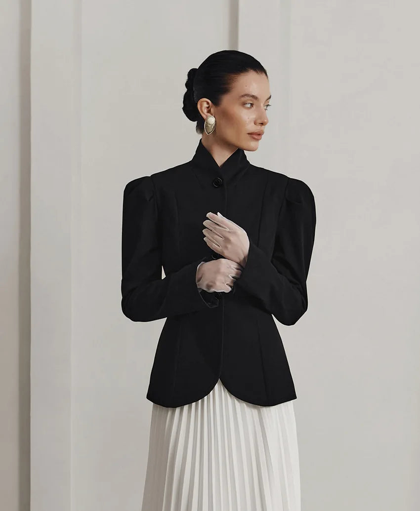 French Elegant Women's Blazers Solid Color High-end Luxury Vintage Black Stand Collar Coats Ladies Office Wear Tops