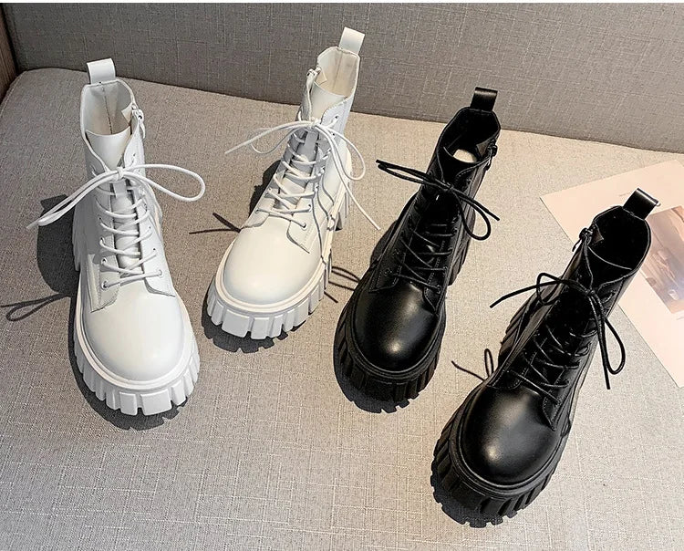 2022 New Women White Ankle Boots PU Leather Thick Sole Lace Up Combat Booties Female Autumn Winter Platform Shoes Woman