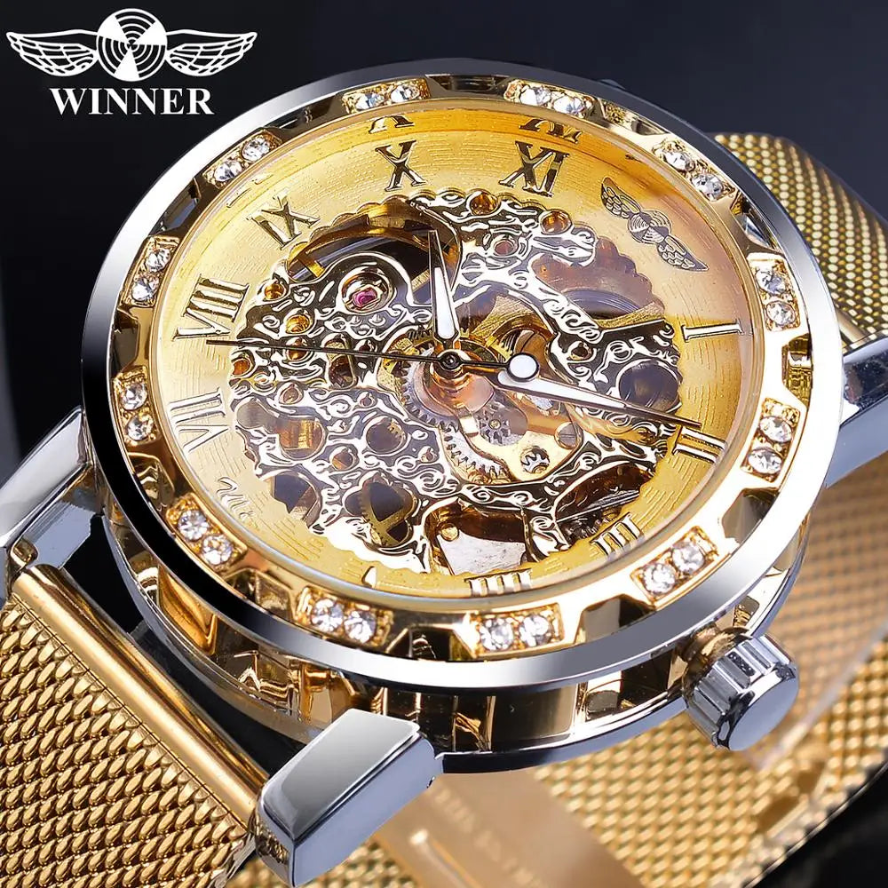 Winner Golden Watches Men Skeleton Mechanical Watch Crystal Mesh Slim Stainless Steel Band Top Brand Luxury Hand Wind Wristwatch