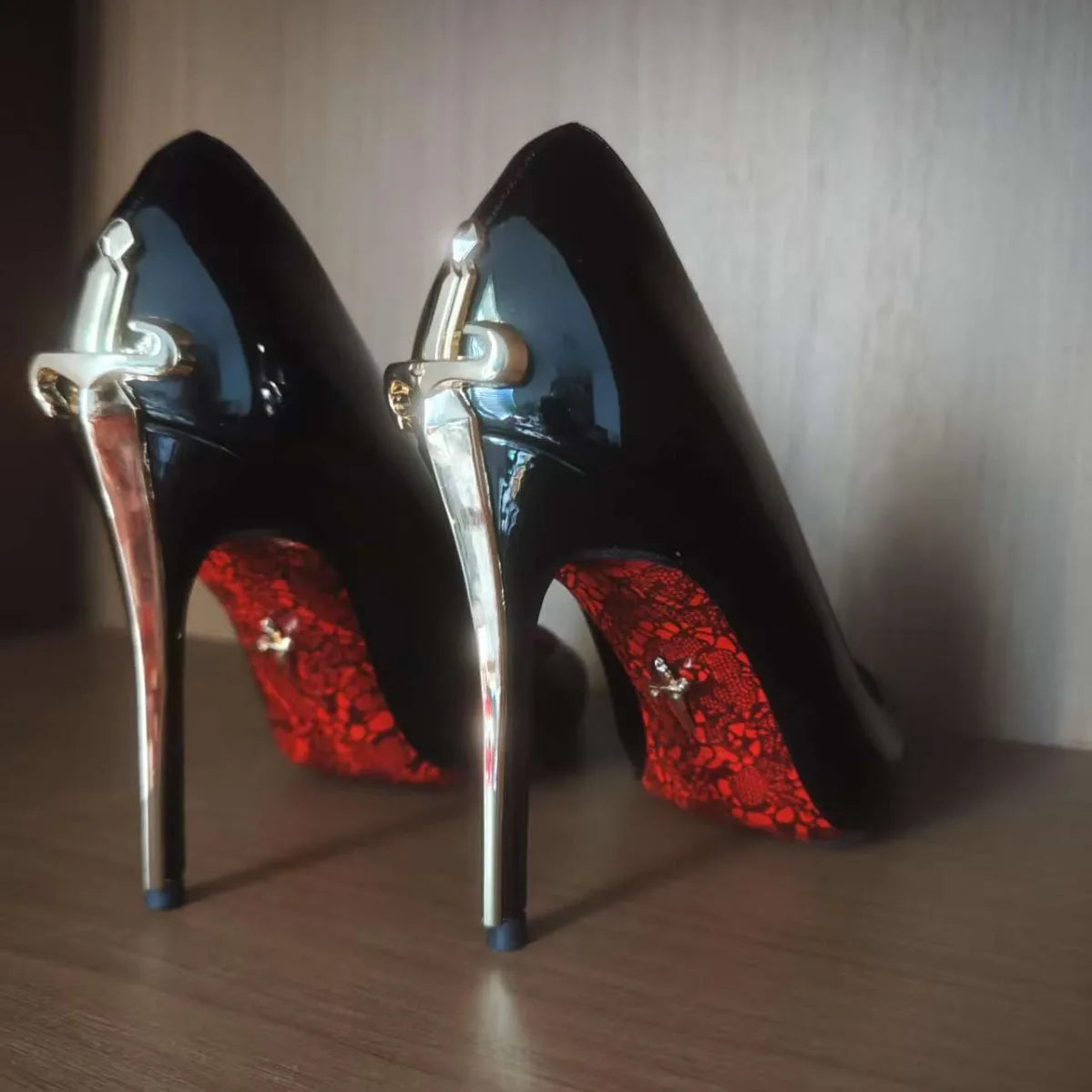 Metal Sceptre Microfiber Upper Open Toe Super High Heel Red Bottom Fine Heel Solid Color Women's Shoes Natural Rubber Outsole