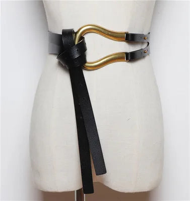 NEW Genuine Leather double Belts Luxury Metal U Buckle belt women girls retro vintage large belt for coat jeans black white