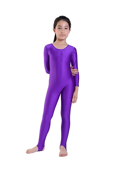 AOYLISEY Girls Dance Gymnastics Long Sleeve Unitard for Kids Jumpsuits Stirrup Show Stage Wear Zentai Childrens Unitards