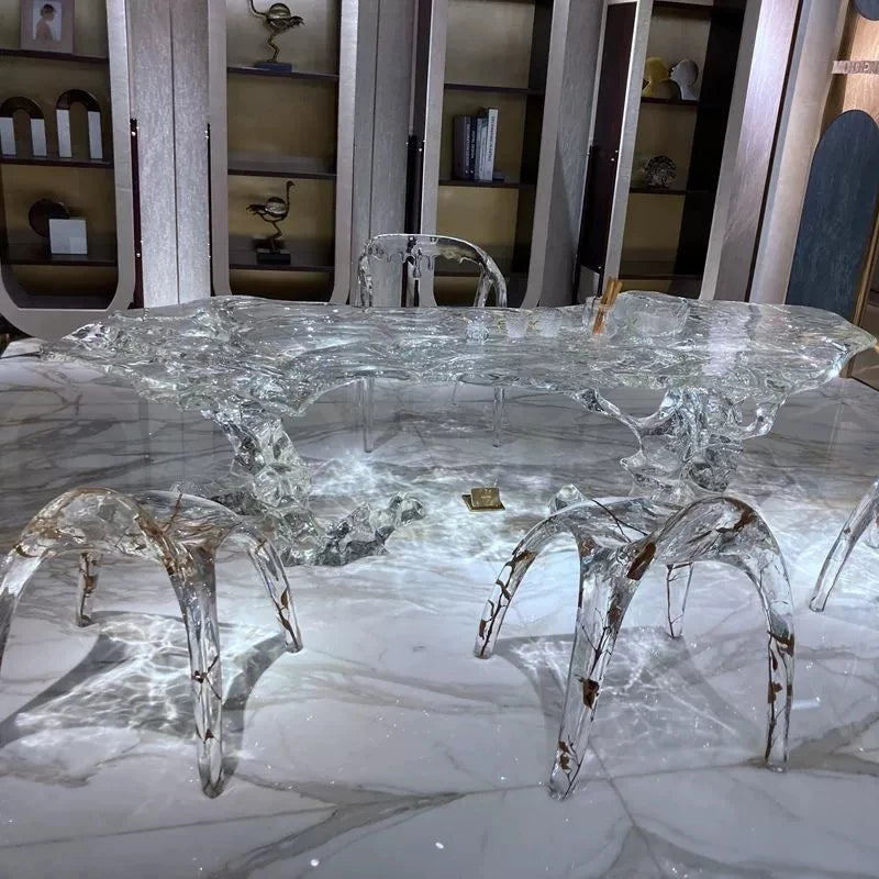 Irregular Shape Glacier Waterfall Transparent Tea Table Epoxy Resin Water Ripple Dining Table for Villa Hotel Home...