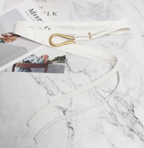 NEW Genuine Leather double Belts Luxury Metal U Buckle belt women girls retro vintage large belt for coat jeans black white