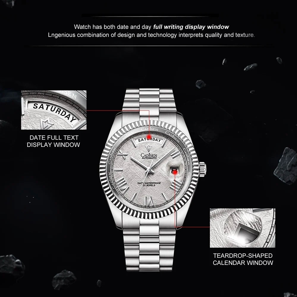 CADISEN Men's Mechanical Watches Luxury Meteorite Dial Automatic Watch For Men Week 100M Japan MIYOTA 8285 Movement Clock Man