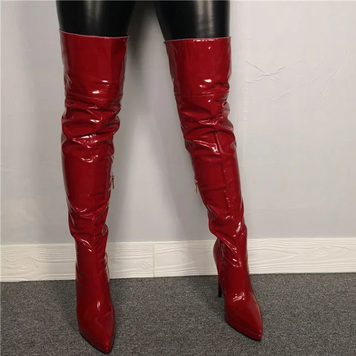Folding Design Top Big Size 47 Red Mirror Women Over Knee High Boots Side Zip Stiletto Lady Pointed Toe Thigh High Long Booties