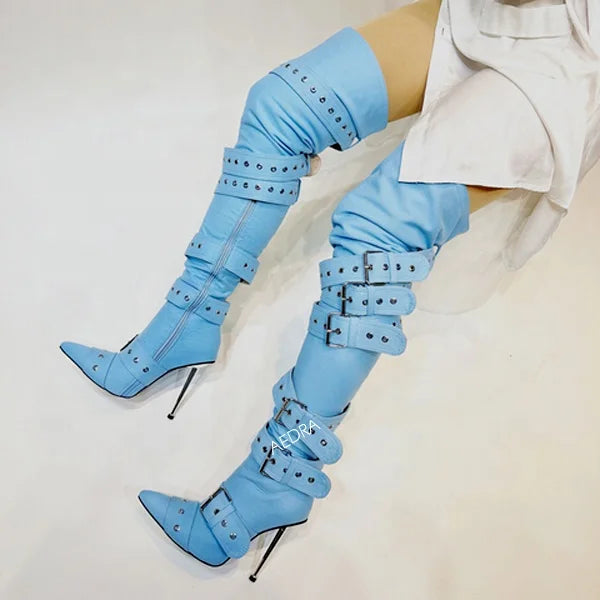 Silver Belt Buckles Women Thigh High Boots Metal High Heels Denim Long Booties Sexy Punk Over Knee Stiletto Shoes