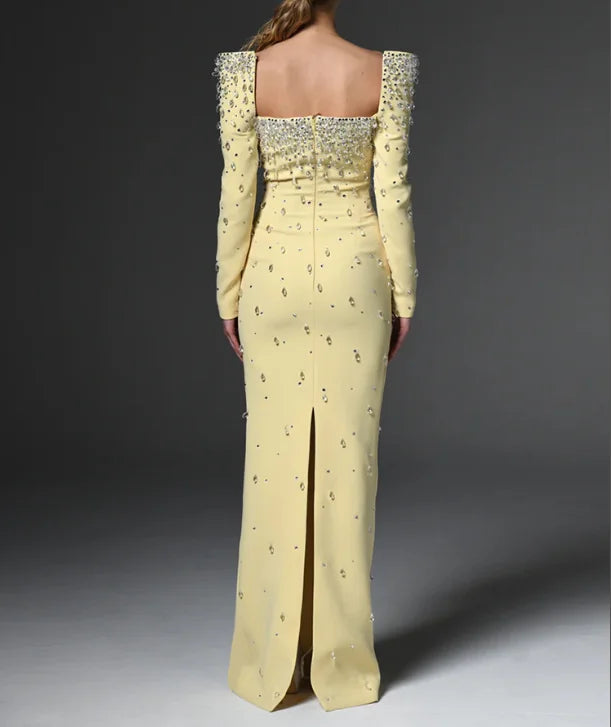 LS2656 Ladies Casual Dress Solid Square Neck Long Sleeve Crystal Party Luxury Dresses Women Elegant