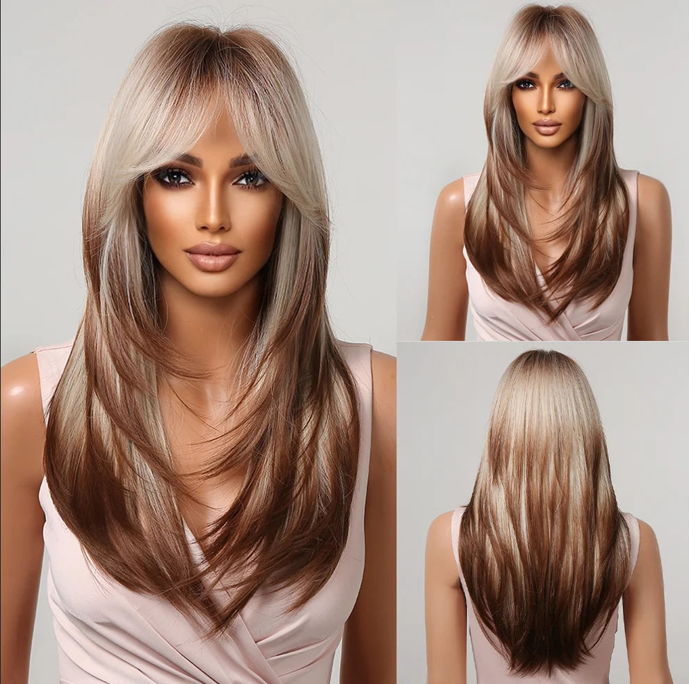Factory Outlet MOQ 1Long Layered Brown Synthetic Wigs for Women Straight Blonde Mixed Bangs Wigs Use Heat Resistant Fiber
