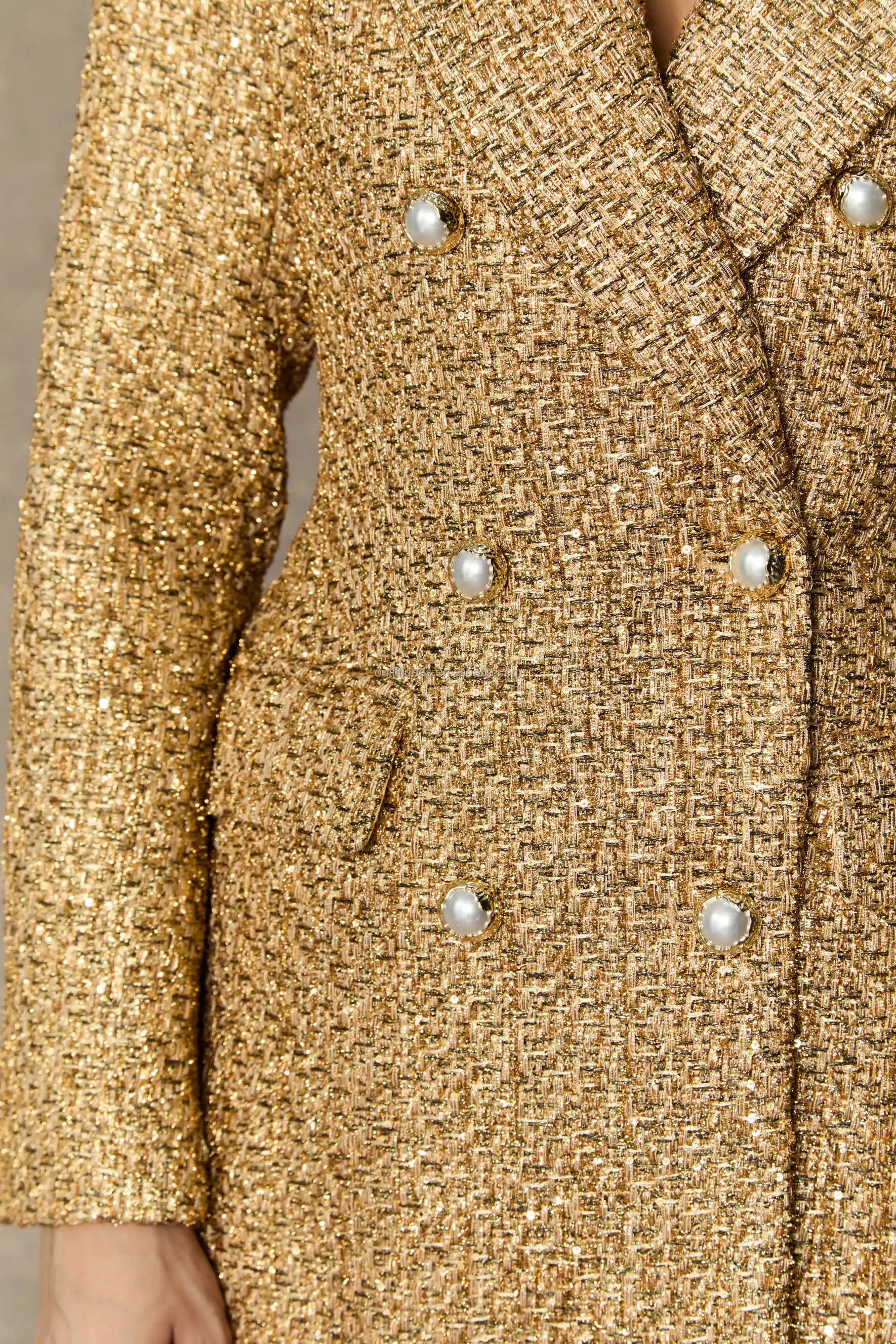 Luxury Elegant Pearl Buttons Double-breasted Hand Wash Women Mini Dress Tweed Jacket Sparkling Gold Boucle Tweed Jacket in Gold - Kimlud