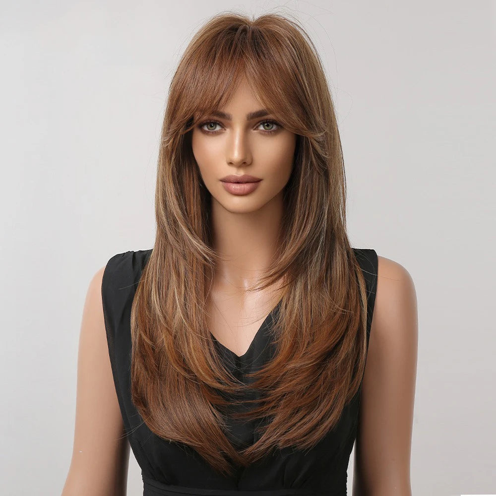 Factory Outlet MOQ 1Long Layered Brown Synthetic Wigs for Women Straight Blonde Mixed Bangs Wigs Use Heat Resistant Fiber