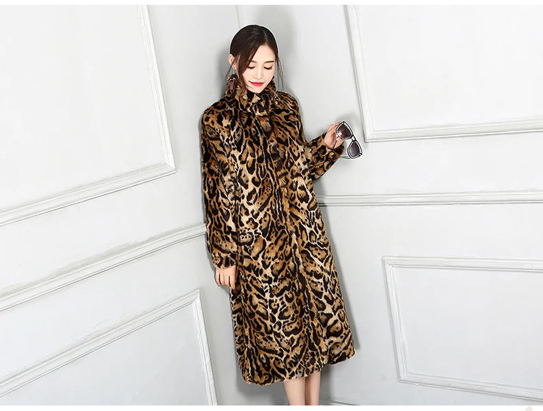 Nerazzurri Autumn Winter Long Thick Warm Colorful Leopard Print Fluffy Faux Fur Coat Women Stand Collar Luxury Furry Overcoat