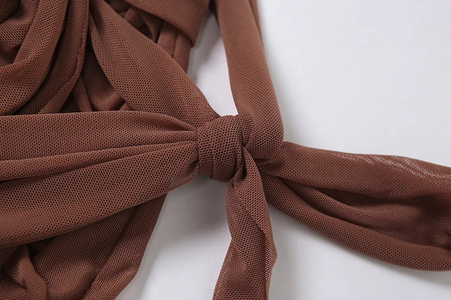 Bangniweigou Ribbon Wrap Up Draped Mesh See Through Bandage Dress Women Mummy Tie Up Bodycon High Waist Short Brown Dresses - Kimlud