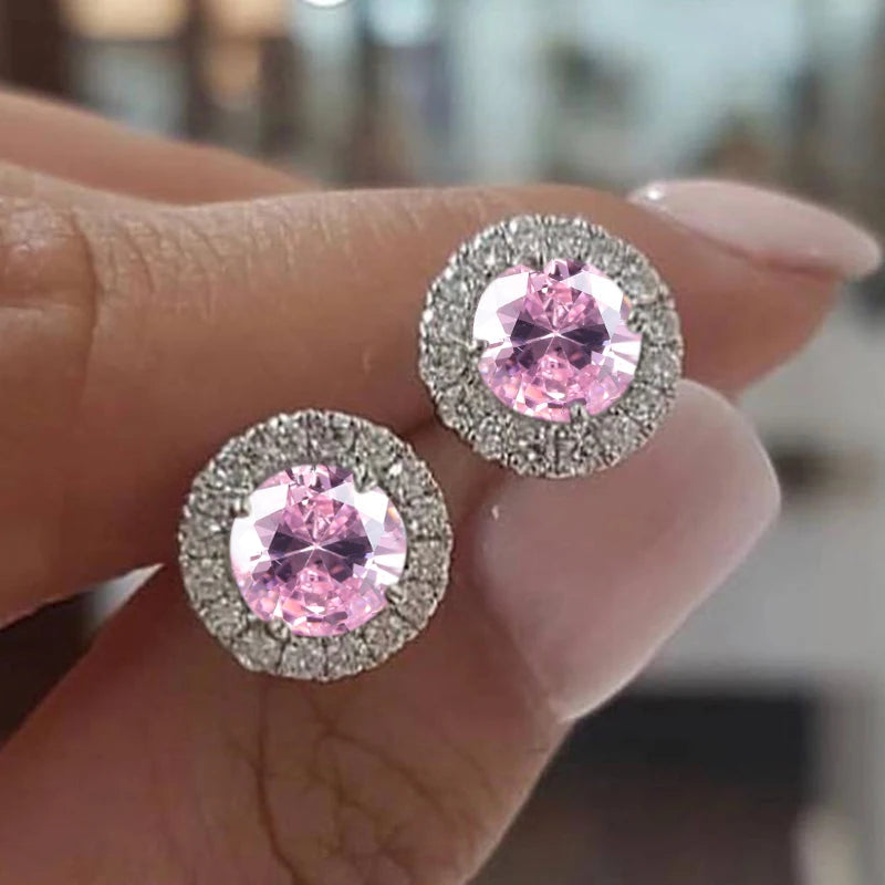 Luxury Female Crystal Purple Blue Green Round Stud Earrings Silver Color Wedding Jewelry For Women | Kimlud Luxury Jewelry