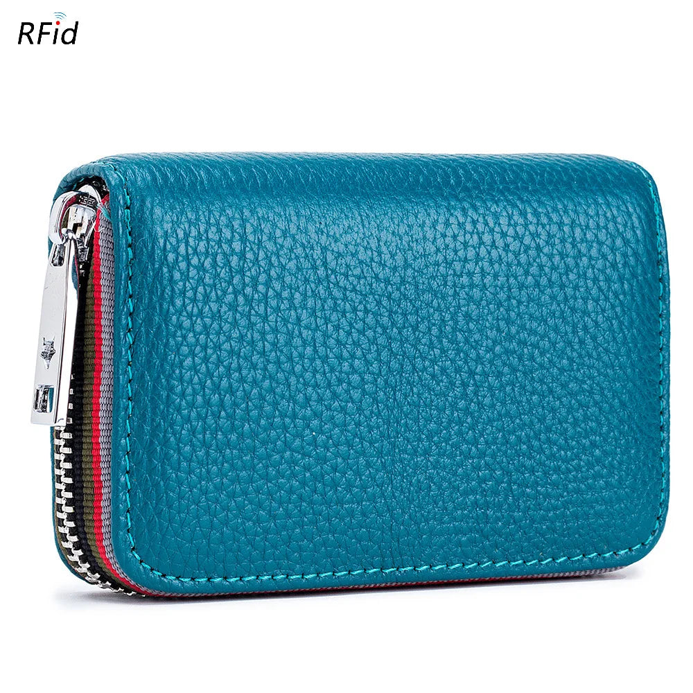 Genuine Leather Men Women Card Holder Small Zipper Wallet Solid Coin Purse Accordion Design rfid ID Business Credit Card Bags