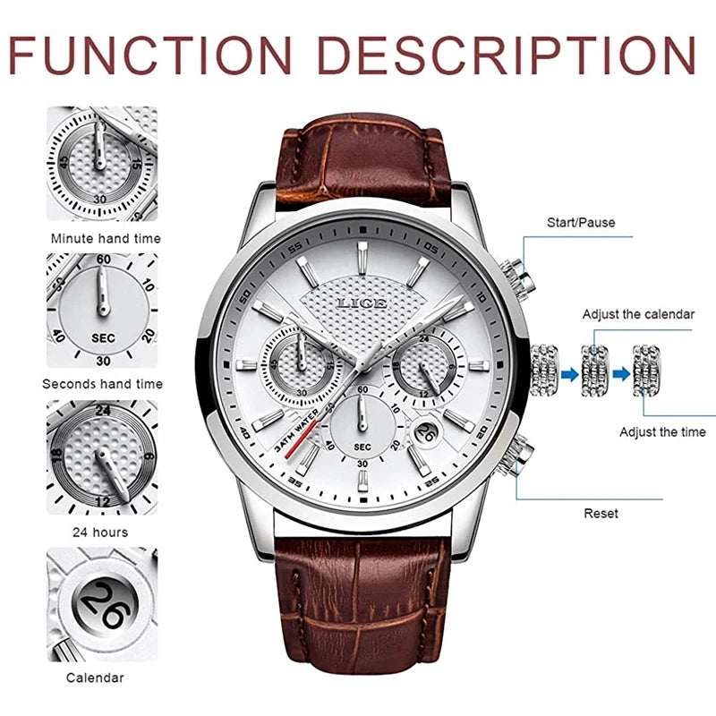 Watches Mens 2025 LIGE Top Brand Luxury Casual Leather Quartz Men's Watch Business Clock Male Sport Waterproof Date Chronograph