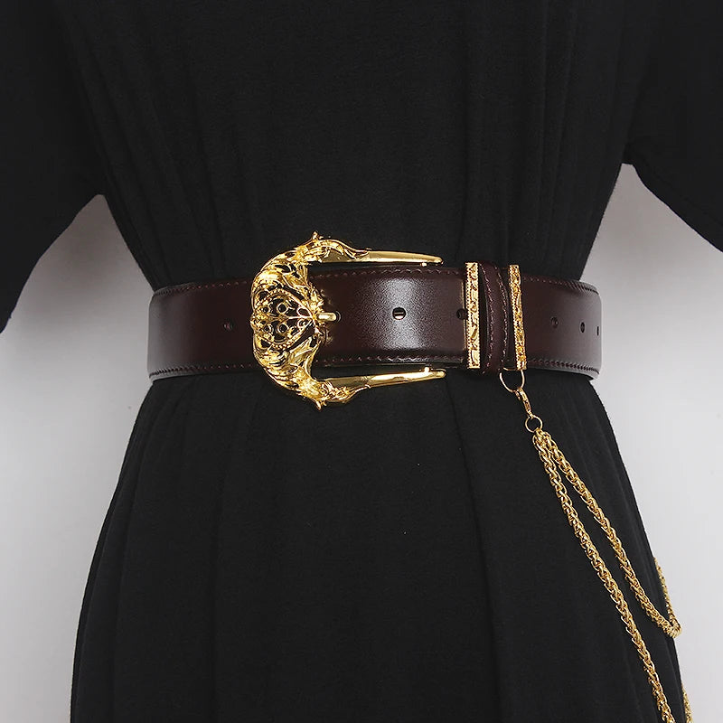 Women's Runway Fashion Gold Buckle Genuine Leather Cummerbunds Female Dress Corsets Waistband Belts Decoration Wide Belt TB1757