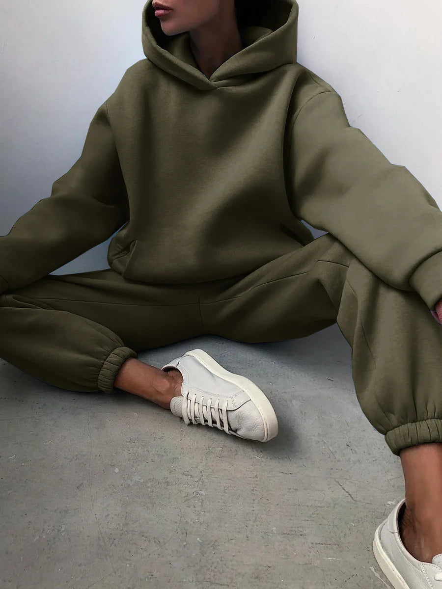 Women's Tracksuit Casual Solid Long Sleeve Hooded Sport Suits Autumn Warm Hoodie Sweatshirts and Long Pant Fleece Two Piece Sets - Kimlud