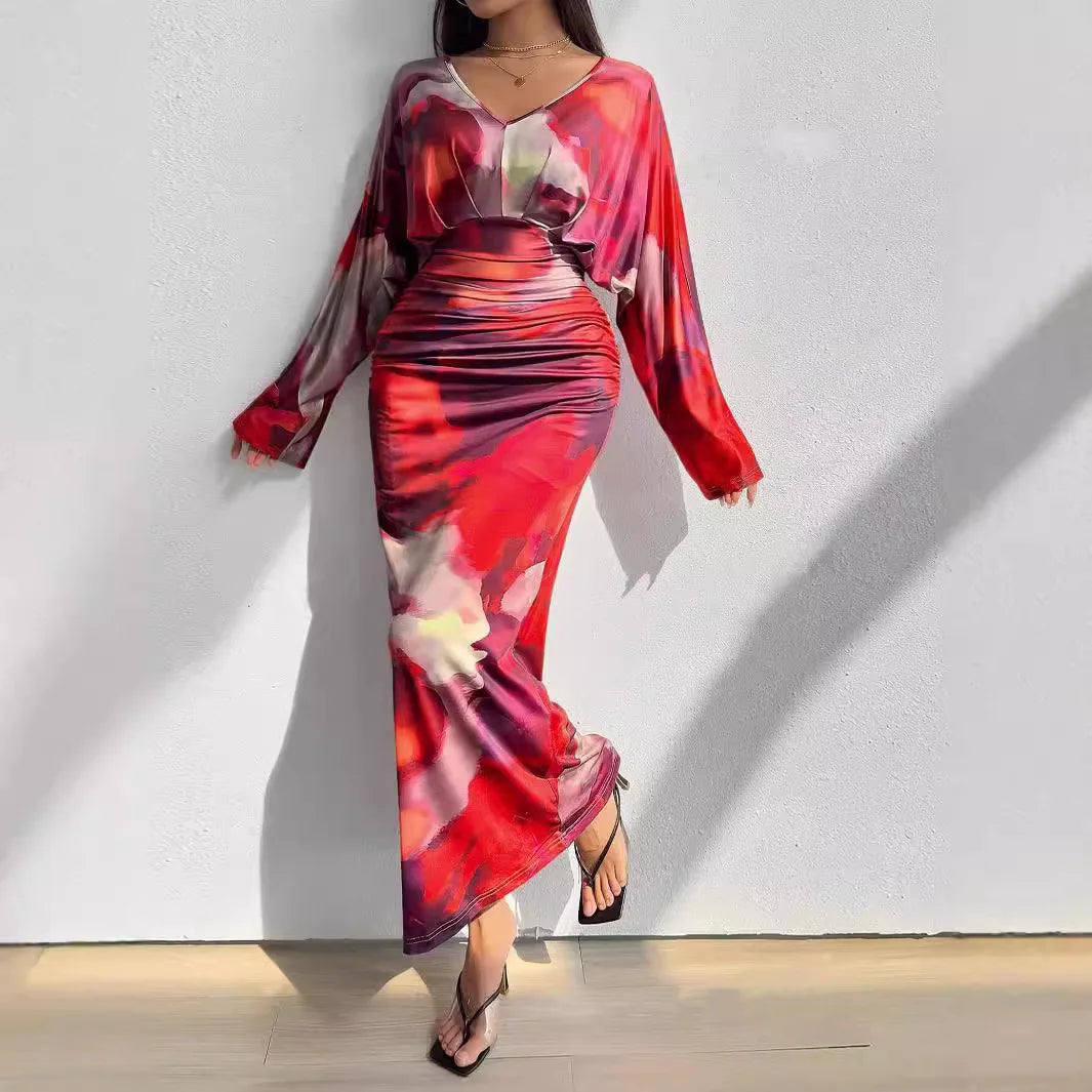V-neck Pleated Bodycon Dress Women Sexy Slim Fit Long Sleeve Long Party Dresses for Women Wrap Guangzhou Female Dress
