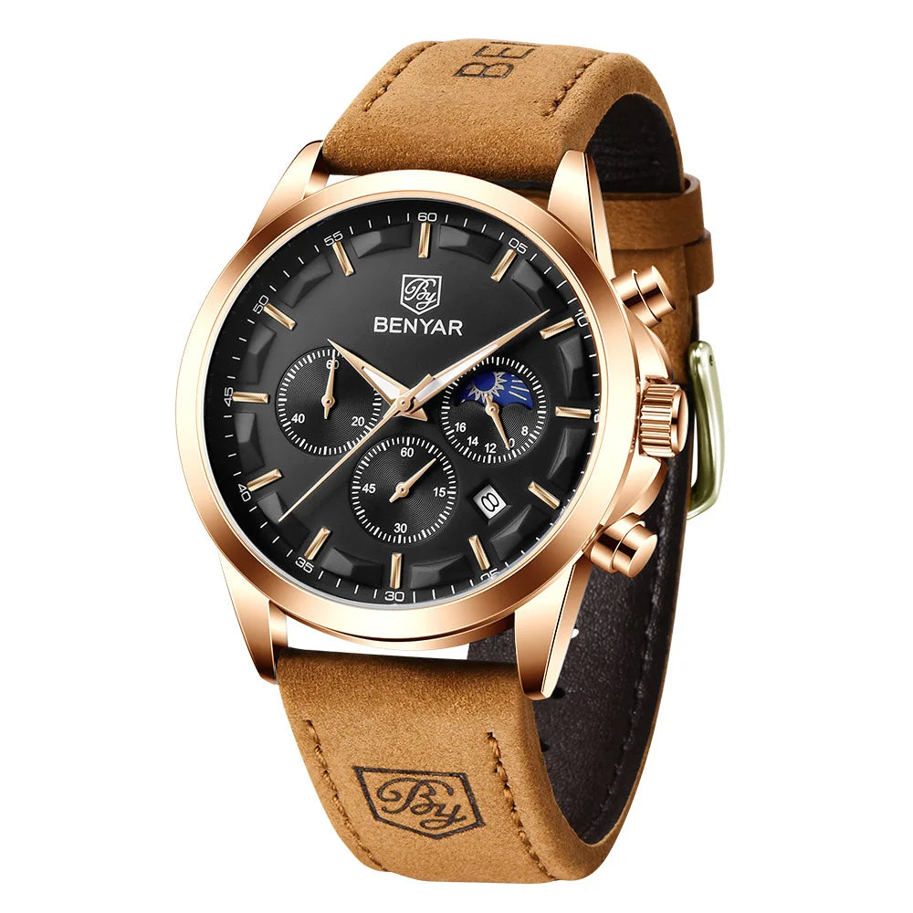 BENYAR 5160 Top Brand Men Quartz Wristwatches Fashion Sport Chronograph Watch Leather Waterproof  Watch Men Reloj Hombre