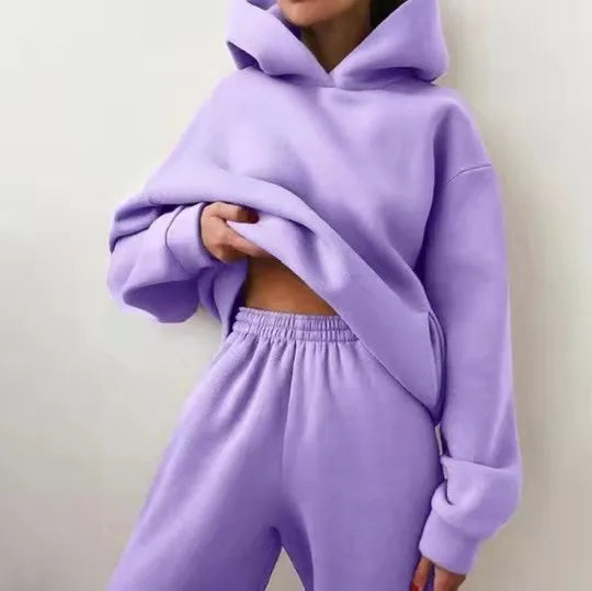Women's Tracksuit Casual Solid Long Sleeve Hooded Sport Suits Autumn Warm Hoodie Sweatshirts and Long Pant Fleece Two Piece Sets - Kimlud