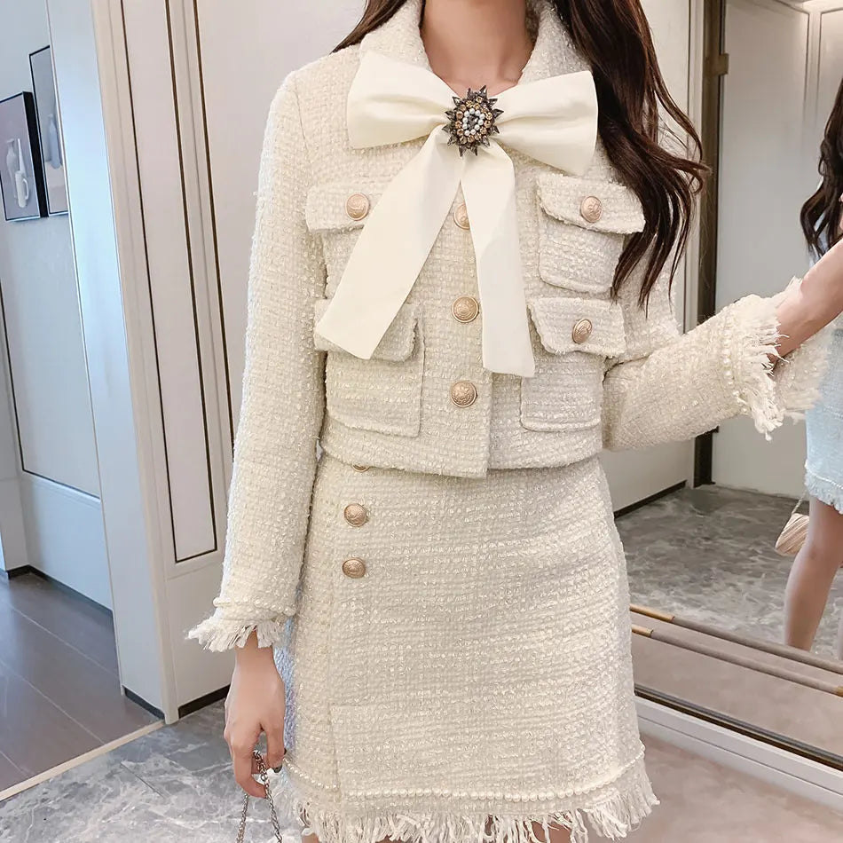 2021 Winter New Women Tweed Fringed 2 Two-Piece Set Sexy Long Sleeve V-Neck Button Coat + Short Skirt Set Vestidos Party Suit