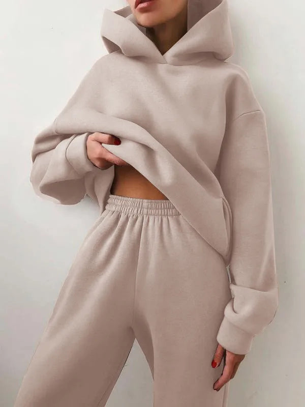 Women's Tracksuit Casual Solid Long Sleeve Hooded Sport Suits Autumn Warm Hoodie Sweatshirts and Long Pant Fleece Two Piece Sets - Kimlud